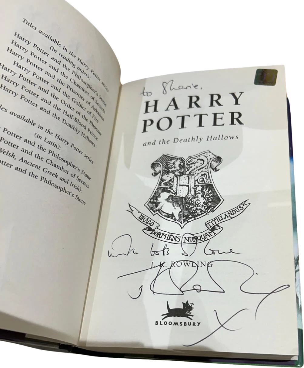 Harry Potter and the Deathly Hallows, first edition, title page inscribed to Sharie with lots of love and signed by J.K. Rowling, in its custom traycase