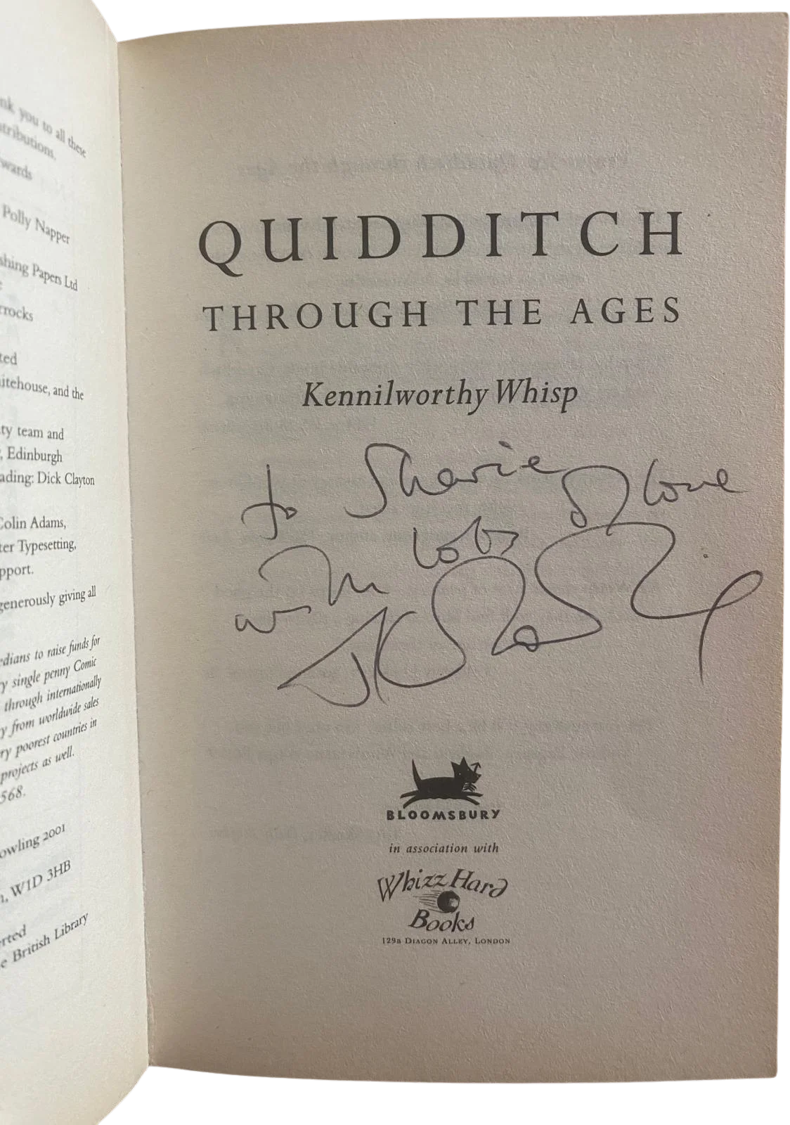 Quidditch Through the Ages, title page inscribed to Sharie with love and signed by J.K. Rowling